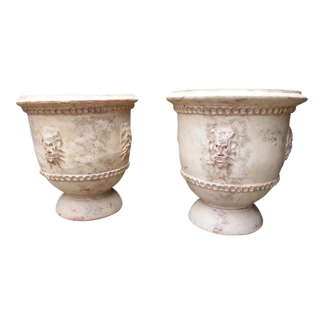 Pair of French Handmade Terracotta Anduze Planters With Satyre Masks For Sale