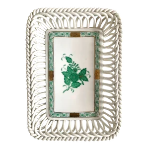 Herend Vintage Basketwave Green Chinese Bouquet Tray
