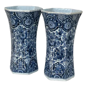 Pair 19th Century Delft Hand-Painted Vases