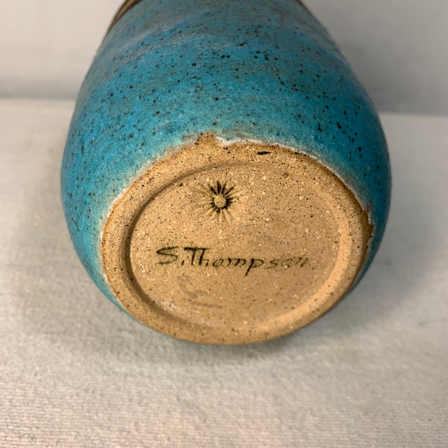 1970s Studio Pottery Vase by S. Thompson With Turquoise Blue Glaze For Sale - Image 5 of 5