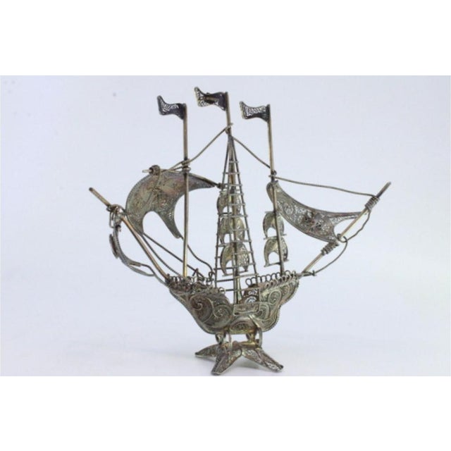 Silver Filigree Caravel with Portuguese Flags and Symbols For Sale - Image 6 of 9