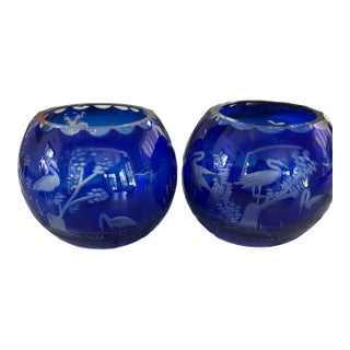 Pair of VTG Bohemia Cobalt Blue Swans Artist Etched Crystal Vase Rose Bowls 4" For Sale