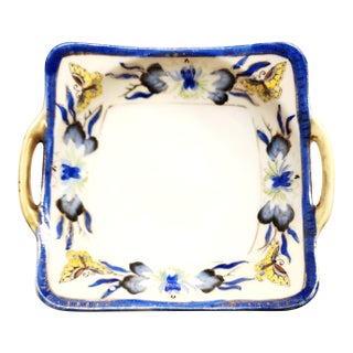 1950s Noritake Porcelain Square Handled Dish With Blue and Yellow Butterfly Motif For Sale