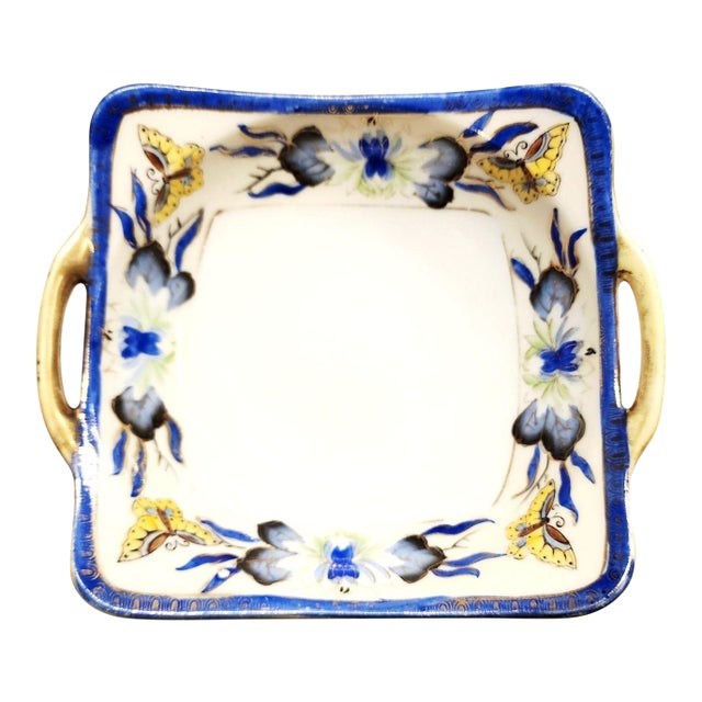 1950s Noritake Porcelain Square Handled Dish With Blue and Yellow Butterfly Motif For Sale