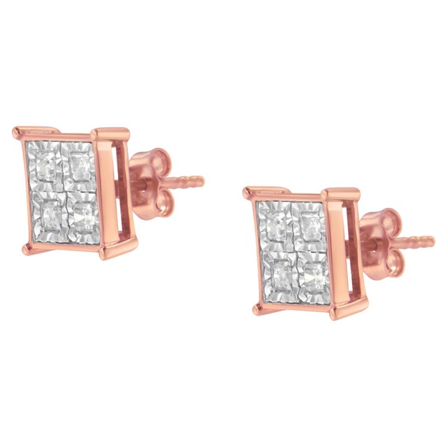Rose Gold Plated Sterling Silver Diamond Composite Stud Earrings (3/4 cttw, J-K Color, I1-I2 Clarity) For Sale - Image 4 of 6