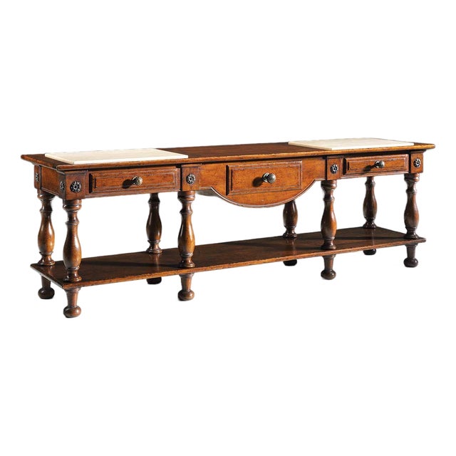 Italian Console Table With Marble Inset Top, Drawers & Lower Shelf For Sale