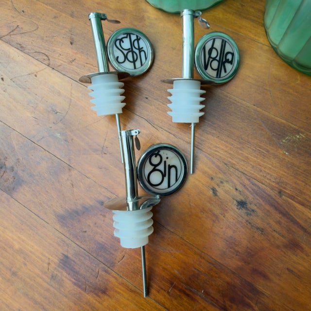 Early 20th Century Vintage Green Decanter Bottles With Metal Siphon Discs and Monogram Discs - Set of 3 For Sale - Image 5 of 9