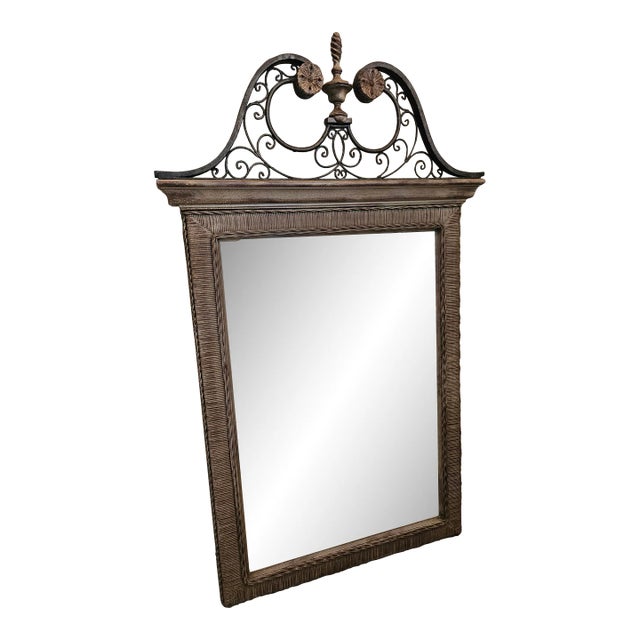 Chippendale Style Vintage Large Rattan & Iron Mirror For Sale