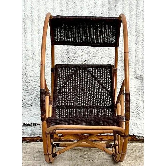 Wood Late 20th Century Vintage Coastal Italian Wrapped Rattan After Franco Bettonica “Donaoldo”:Rocking Chair For Sale - Image 7 of 9