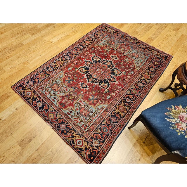 Antique Persian Heriz Serapi Rug, Hand-Knotted Wool, Geometric Pattern, Brick-Red & Blue, 5x7 For Sale - Image 9 of 18