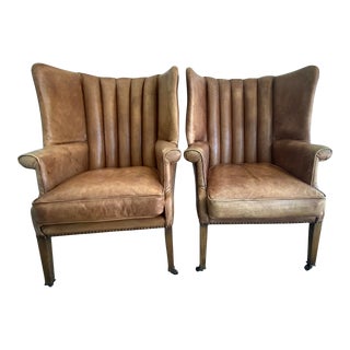 Mid 20th Century Wingback Leather Chairs- Set of 2 For Sale