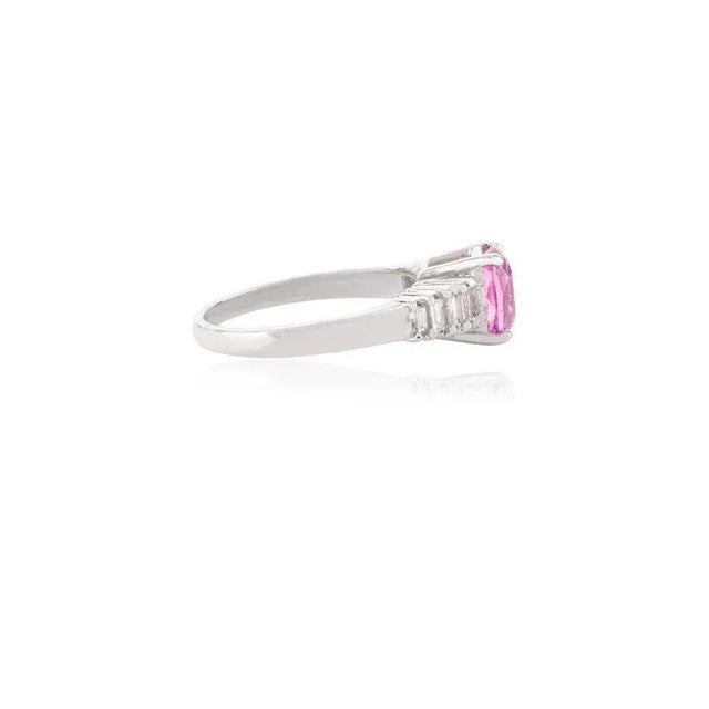 Metal Oval Shape Pink Sapphire Gemstone & Baguette Diamonds Modern Ring Size 7 For Sale - Image 7 of 8