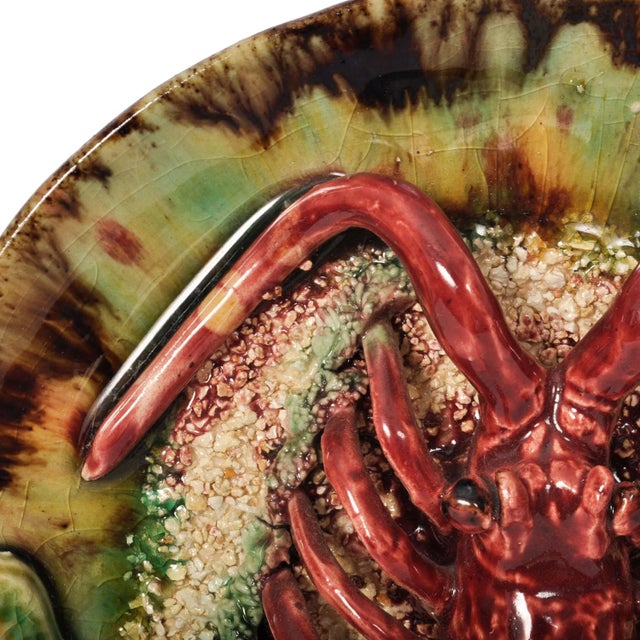 Antique Portuguese Pottery Palissy Style Majolica Lobster Wall Dish Plate, 1900 For Sale - Image 4 of 9