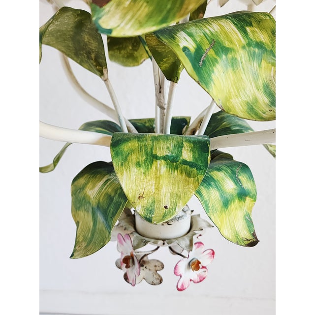 Vintage Italian Handpainted Foral Motif Tole Chandelier For Sale - Image 13 of 18