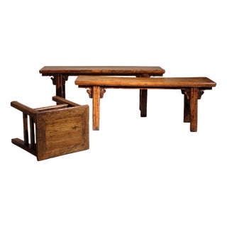 Vintage Rustic Bench with Stool and Coffee Table in Elm, 1980s, Set of 3 For Sale