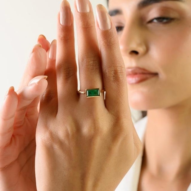 Early 21st Century 8x4 Mm Deep Green Emerald Ring in 14k Gold Size 6 For Sale - Image 9 of 15
