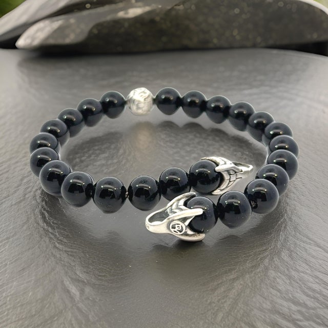 1990s David Yurman Estate Matte Onyx Carved Prayer Beads Bracelet 8.5" Silver For Sale - Image 4 of 12