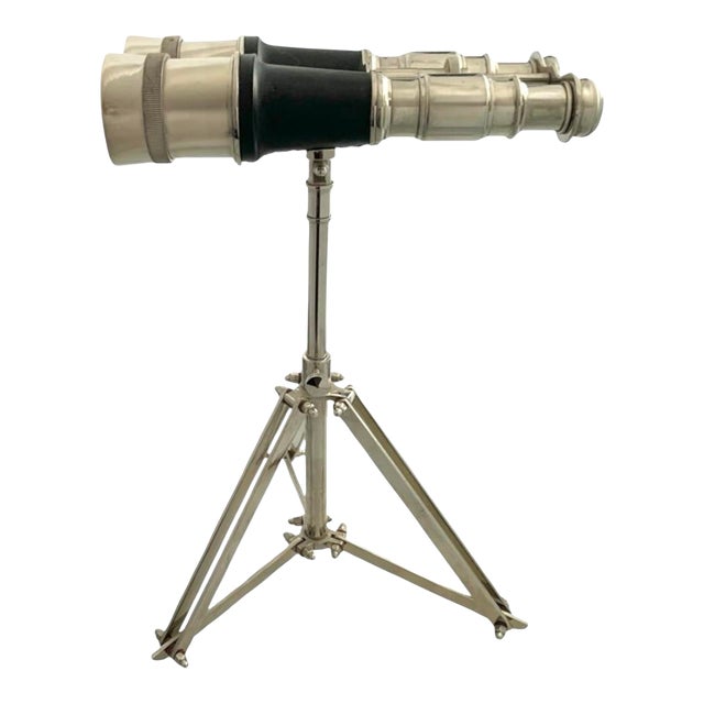 Binoculars Chrome Double Lenses on Tripod Stand Vintage Nautical Office Decor For Sale