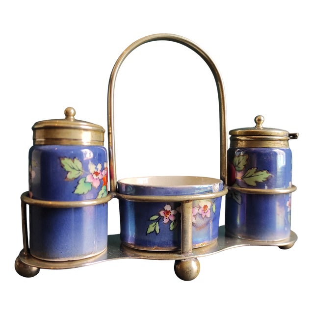 English Silver-Plated and Lusterware Cruet Set from John Turton & Co., Sheffield, 1920s, Set of 4 For Sale