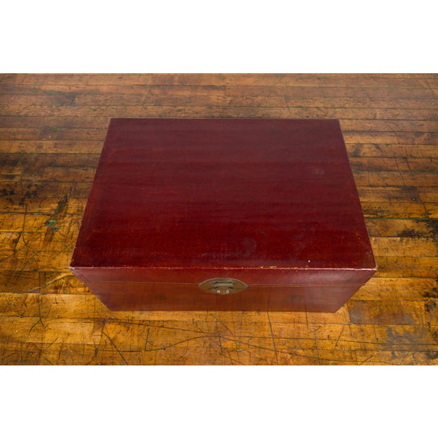 Early 20th Century Chinese Red Lacquered Leather Trunk with Calligraphy For Sale - Image 12 of 13