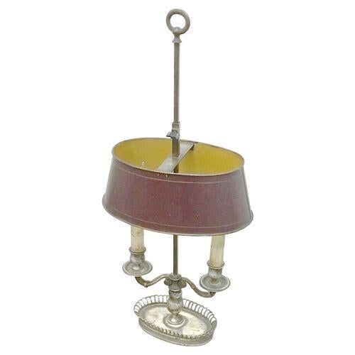 Antique French tole shaded double arm bouillote lamp with silvered finish stem and pierced gallery base. Shade measures:...