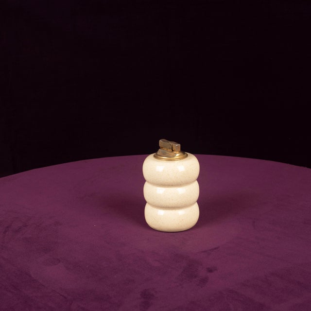 Metal Cream Speckled Ceramic and Brass Table Lighter by Tommaso Barbi, 1970s For Sale - Image 7 of 15