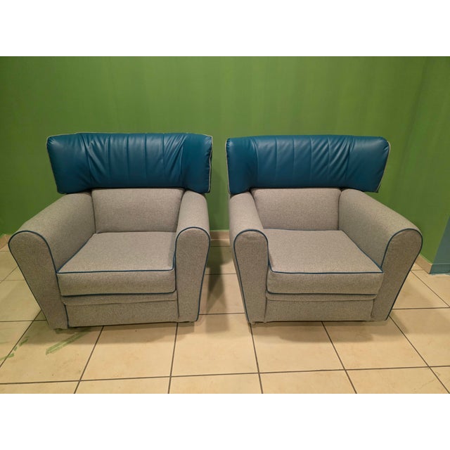 Pair of Zanotta Armchairs Large armchairs with adjustable headrests. Recently restored and reupholstered in gray wool...