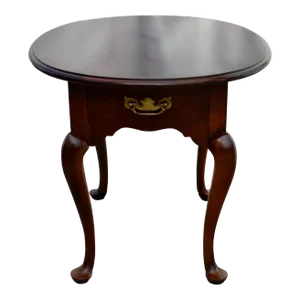 Vintage Statton Oval Queen Anne Style Cherry Side Table W/Drawer