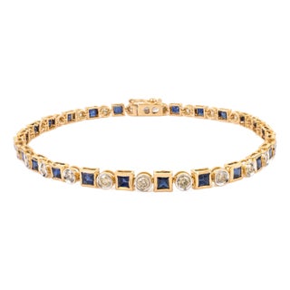 3.70 Ct Princess Cut Natural Blue Sapphire & Diamond Tennis Bracelet in 14k Gold For Sale