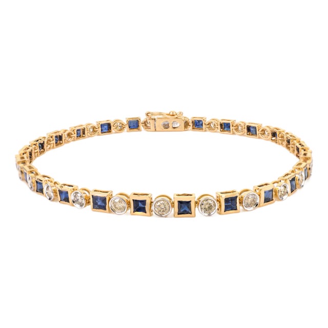 3.70 Ct Princess Cut Natural Blue Sapphire & Diamond Tennis Bracelet in 14k Gold For Sale