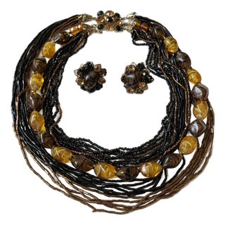 Vintage Signed Alice Caviness Multi-Strand Art Glass Bib Necklace & Earring Set, 3 Pieces For Sale