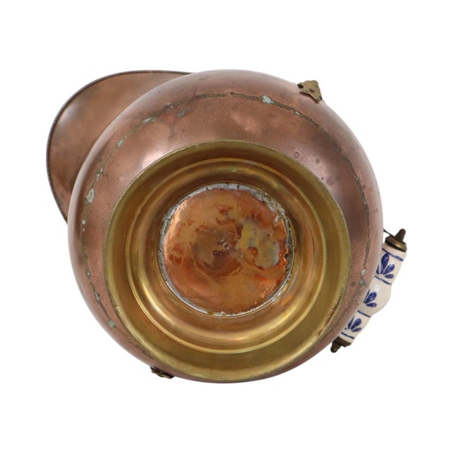 Antique Copper Helmet-Shaped Coal Scuttle with Lion Heads and Delft Ceramic Details For Sale - Image 11 of 15