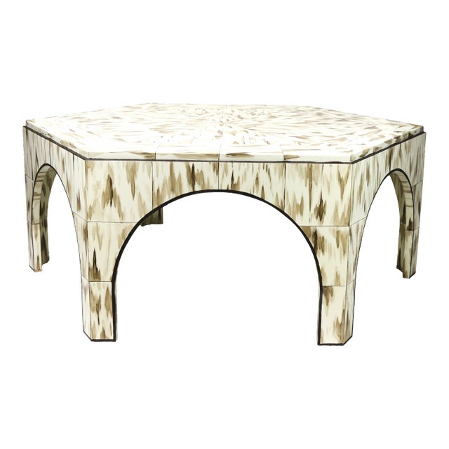 Stunning Hexagonal Coffee Table Decorated With Hand-Drawn Cow Horn Texture For Sale