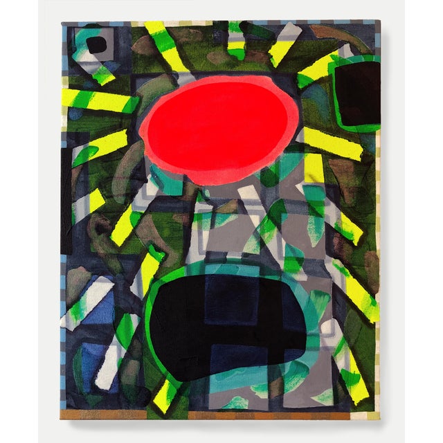 Contemporary geometric colorful abstract painting by Texas-based artist Max Manning. The work features organic and...