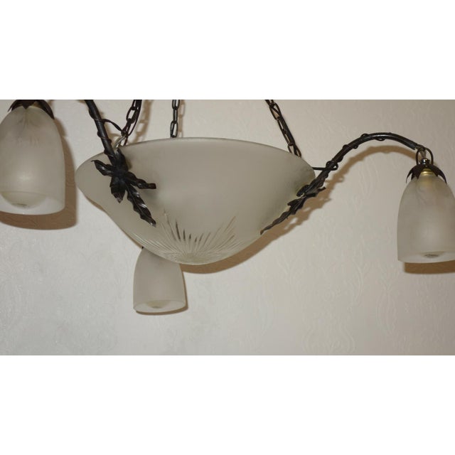 Antique Art Nouveau French Metal and Glass 4-Light Chandelier, 1890s, in Very Good conditions. Designed 1890 to 1919 I...