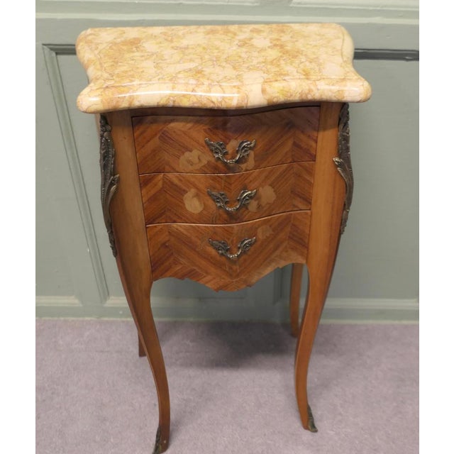 Stone French Marquetry and Marble Bombe Shaped Bedside Tables, Set of 2 For Sale - Image 7 of 8