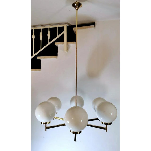 Stilnovo Italian Vintage Brass Chandelier, Opaline Glass Spheres For Sale - Image 13 of 13