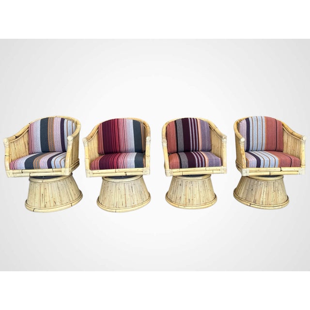 Rare Set of 4 McGuire Bamboo Rocking Swivel Lounge Chairs in Knoll “Stripe It” With Matching Table, Circa 1980s For Sale - Image 11 of 13
