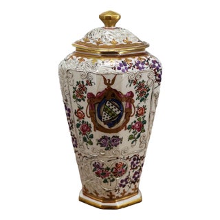 Hand-Painted Porcelain Vases with Samson Lids and Coats of Arms, Set of 2 For Sale