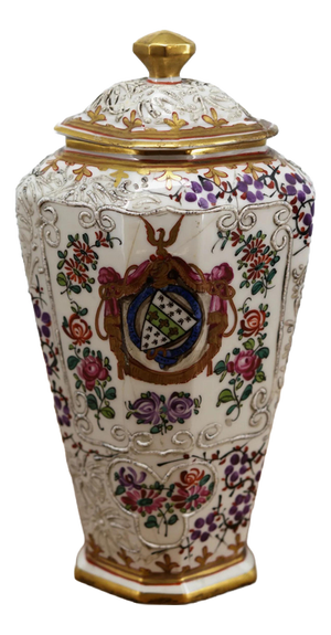 Hand-Painted Porcelain Vases with Samson Lids and Coats of Arms, Set of 2