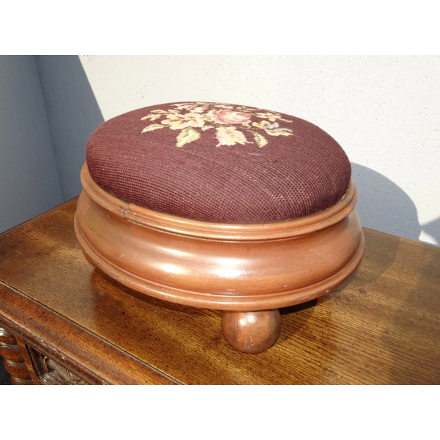Footstool - Vintage French Country Burgundy Floral Needlepoint Petite Footstool For Sale - Image 9 of 13