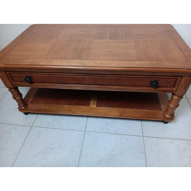 1980s Coffee Table Broyhill Faux Bamboo Wood Medium Tone Drawer Shelf Tropical Style For Sale - Image 9 of 9