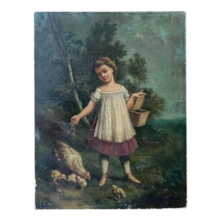 Little Girl With a Hen and Her Chicks Oil on Wood, 19th Century, France For Sale