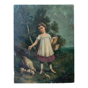 Little Girl With a Hen and Her Chicks Oil on Wood, 19th Century, France