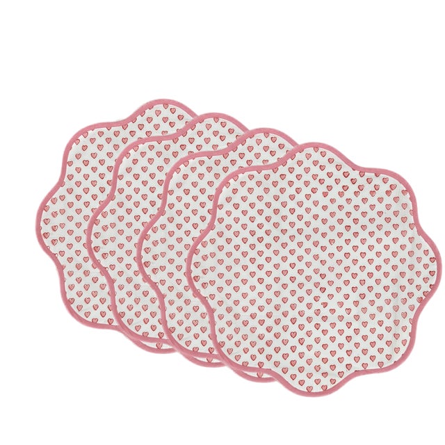 Textile Handmade Round Scalloped Sweet Heart Placemats with Light Pink Trim - Set of 4 For Sale - Image 7 of 7
