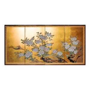 "White Peony", Japanese Late Showa Era Painted Byobu Screen
