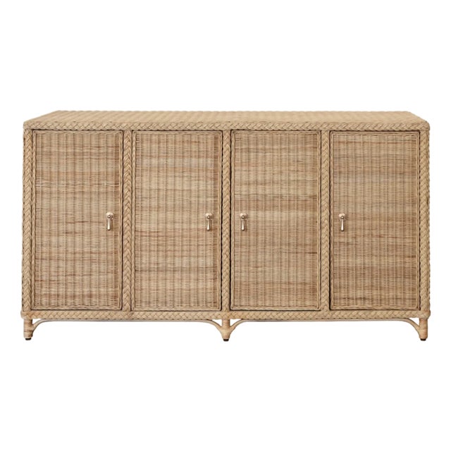Matthew Izzo Home Evander Wrapped Rattan Four Door Buffet With Satin Brass Pulls For Sale