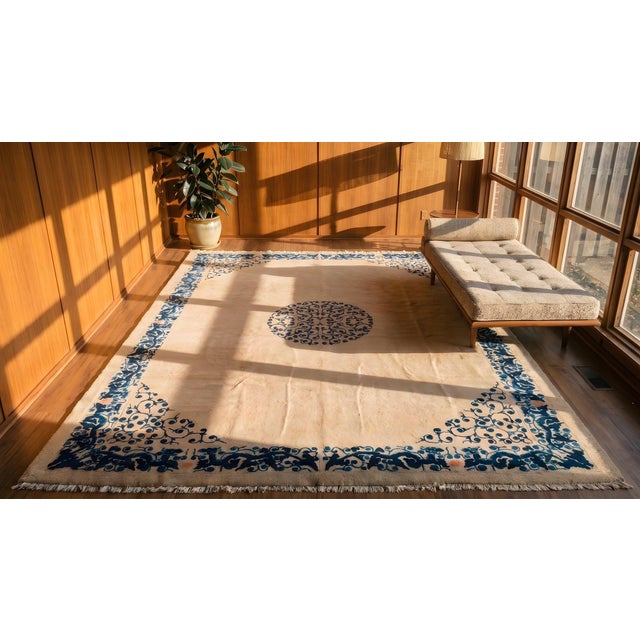 1890s Beige Medallion Handknotted Antique Chinese Peking Rug 9'4" X 11'4" Wool Carpet For Sale - Image 9 of 9