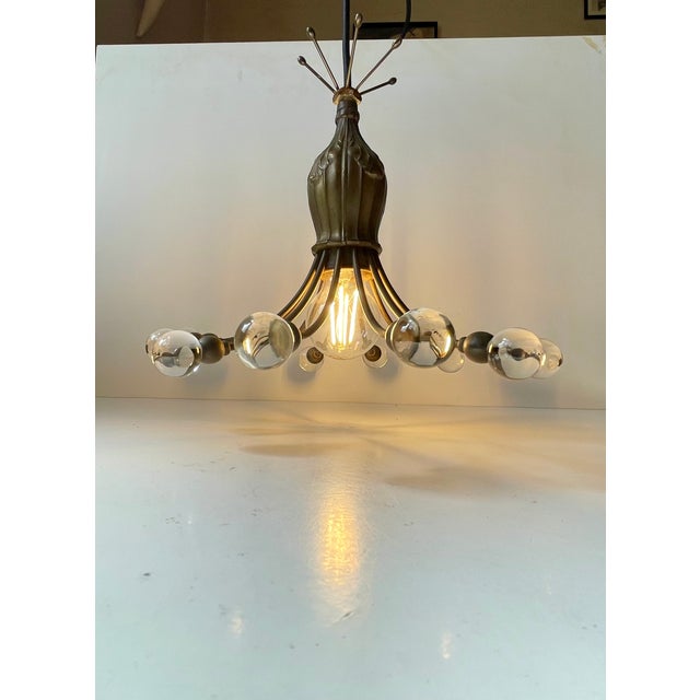 Art Deco Bronze & Glass Octopus Chandelier attributed to Aage Rafn, 1920s For Sale - Image 3 of 13