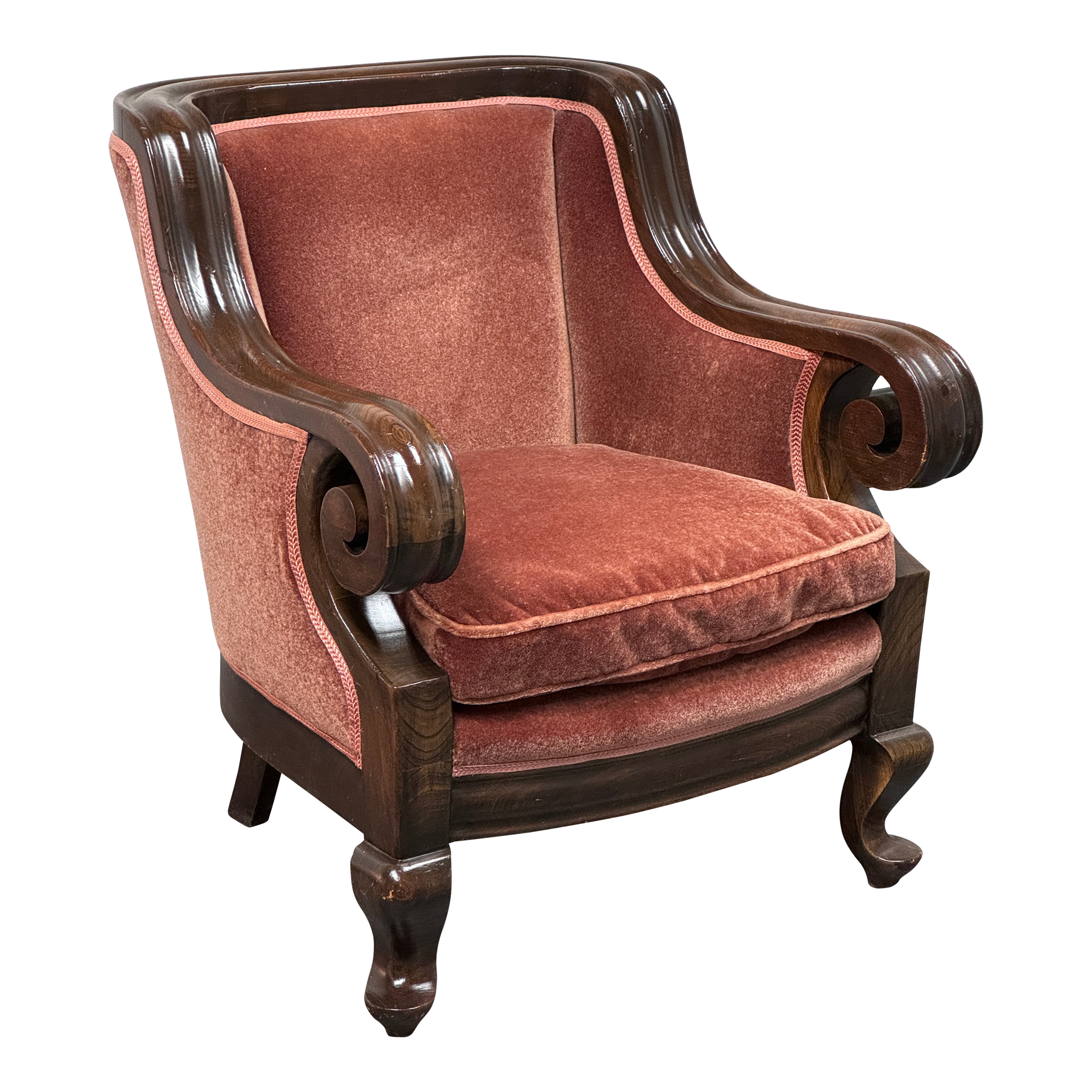 Antique Wood + Mohair Scrolled Arm Chair - image 0